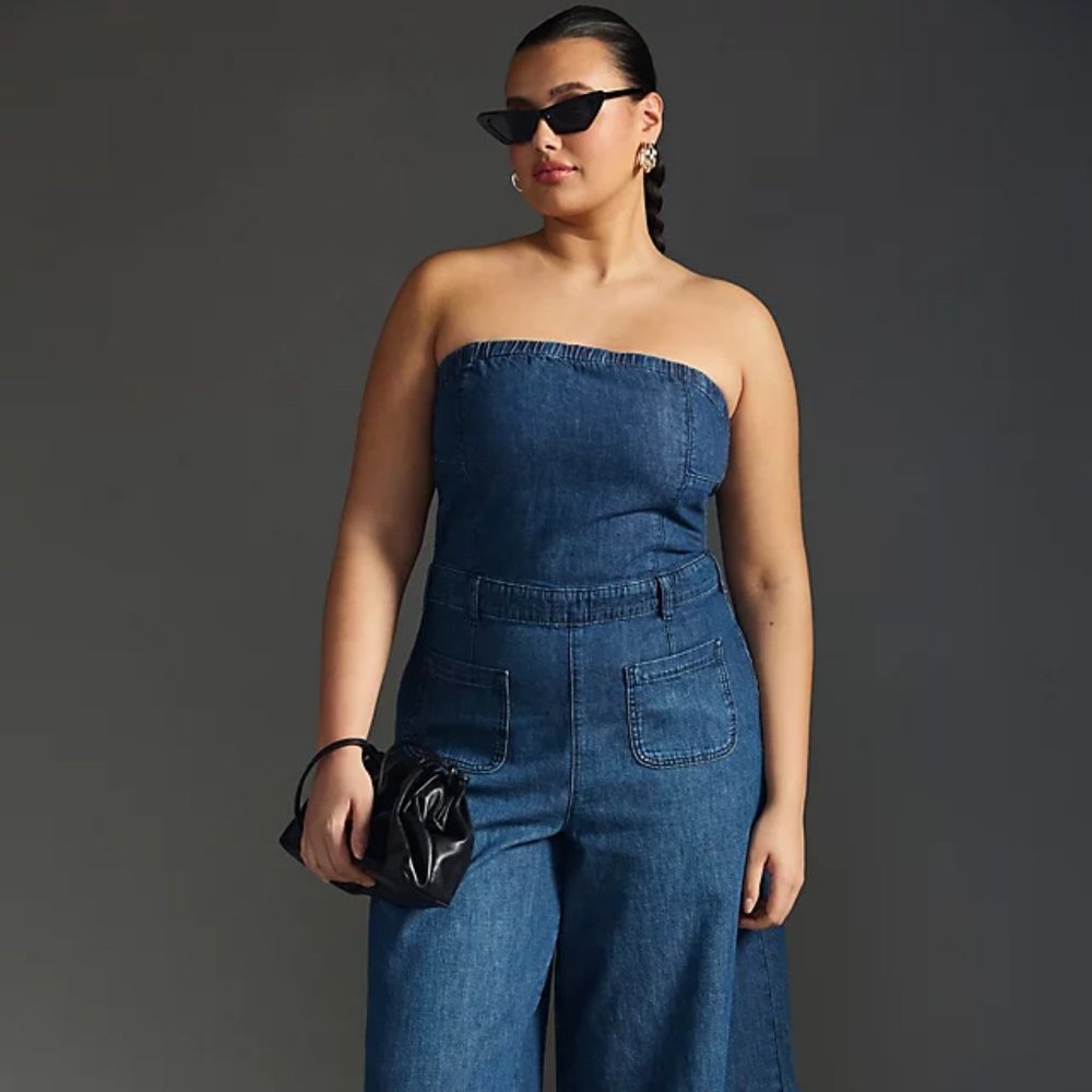 Anthropologie Strapless Denim Jumpsuit in Blue